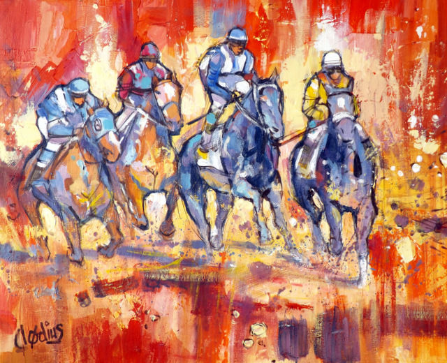 Schilderij getiteld "chevaux-en-course." door C Clodius, Origineel Kunstwerk, Olie