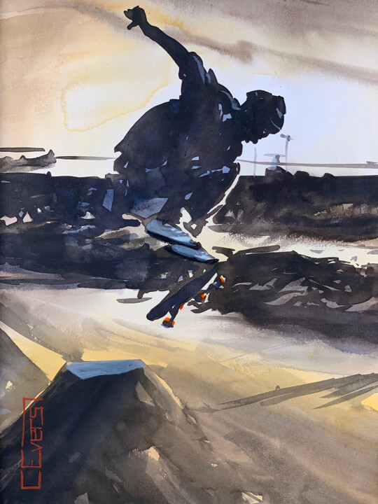 Painting titled "Skate No.18" by Christian Evers, Original Artwork, Ink Mounted on Wood Panel