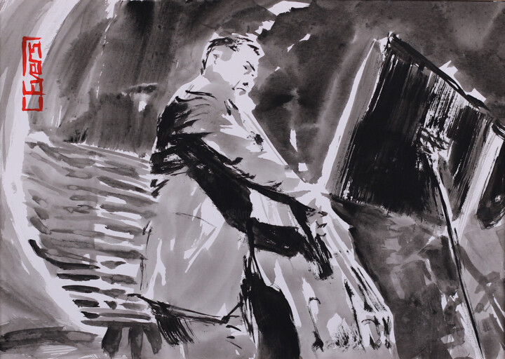 Dessin intitulée "Mood n´ Jazz No. 16" par Christian Evers, Œuvre d'art originale, Encre Monté sur Panneau de bois