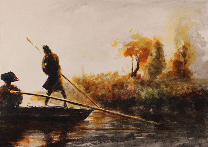 Painting titled "At the Riverbank No…" by Christian Evers, Original Artwork, Ink Mounted on Wood Panel