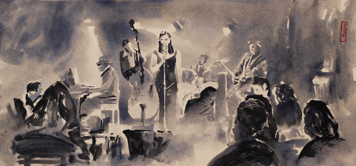 Painting titled "Mood n´ Jazz No.13" by Christian Evers, Original Artwork, Watercolor Mounted on Wood Panel