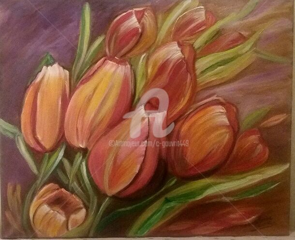 Peinture intitulée "Bouquet de tulipes.…" par Catherine Gauvrit, Œuvre d'art originale, Huile