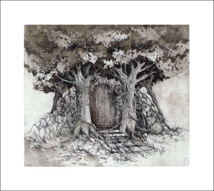 Printmaking titled "La porta del bosco" by Laureen Crossman, Original Artwork, Etching