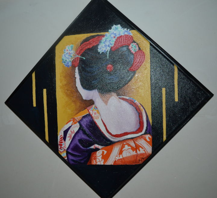 Peinture intitulée ""La geisha au kimon…" par Opale Isis, Œuvre d'art originale, Huile