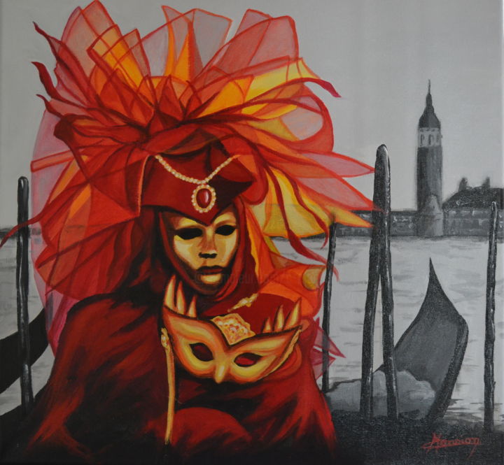 Peinture intitulée ""Masque rouge sur f…" par Opale Isis, Œuvre d'art originale, Acrylique
