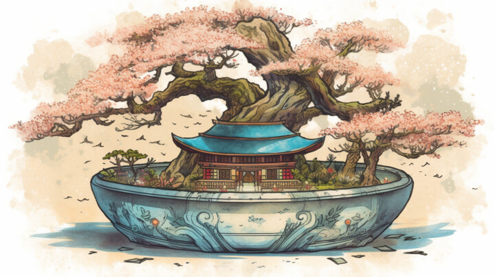 Digital Arts titled "Sakura bonsai tempel" by C.Moonheart, Original Artwork, AI generated image