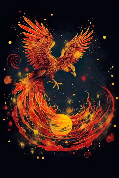 "Phoenix in orange r…" başlıklı Dijital Sanat C.Moonheart tarafından, Orijinal sanat, AI tarafından oluşturulan görüntü