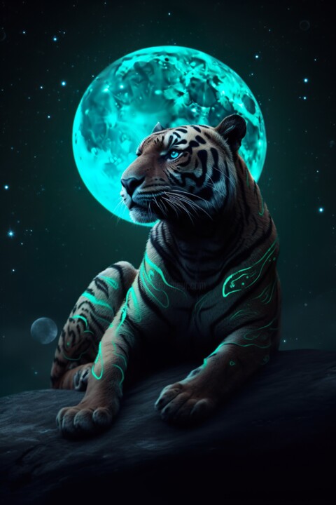 Arte digitale intitolato "Mystical Tiger with…" da C.Moonheart, Opera d'arte originale, Immagine generata dall'IA