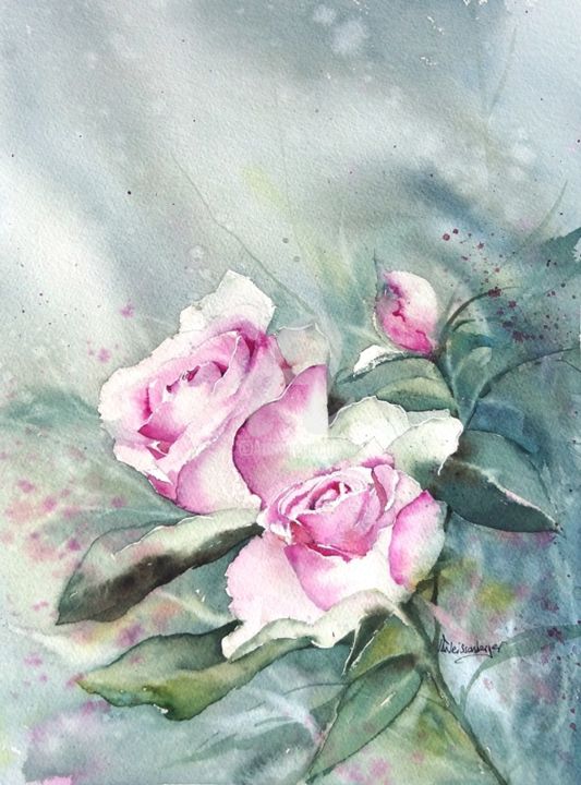 Painting titled "Mes roses 1" by Christine Weissenberger, Original Artwork, Watercolor