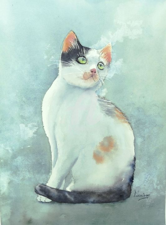 Картина под названием "Le chat rêveur" - Christine Weissenberger, Подлинное произведение искусства, Акварель