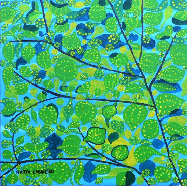 Pintura titulada "hojas-50x50-cm-acri…" por Marta Cabaleiro Rodríguez, Obra de arte original