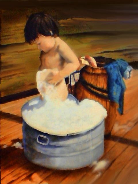 Peinture intitulée "boy in tub" par John R White, Œuvre d'art originale