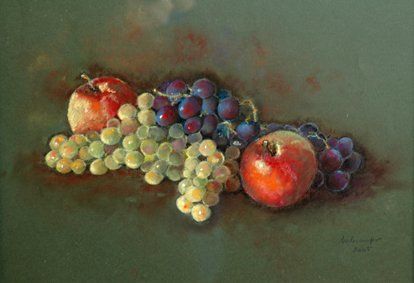 Painting titled "pommes raisins" by Michèle Lescuyer, Original Artwork