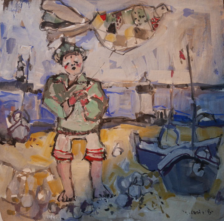 Pintura titulada "l'enfant au cerf vo…" por Gildas Cadic, Obra de arte original, Gouache