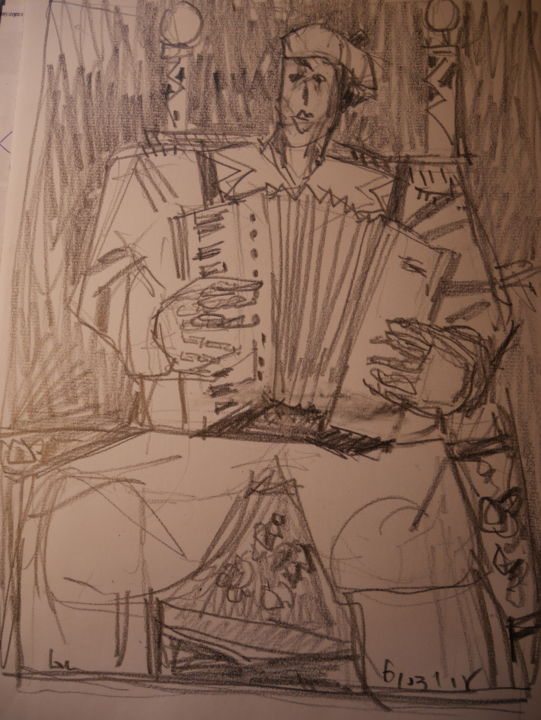 Drawing titled "l'accordéoniste" by Gildas Cadic, Original Artwork, Graphite
