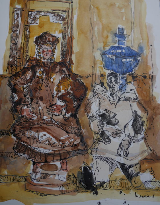 Painting titled "deux poupées" by Gildas Cadic, Original Artwork, Watercolor