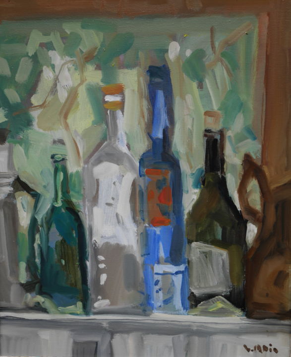 Painting titled "bouteilles à l'atel…" by Gildas Cadic, Original Artwork, Oil