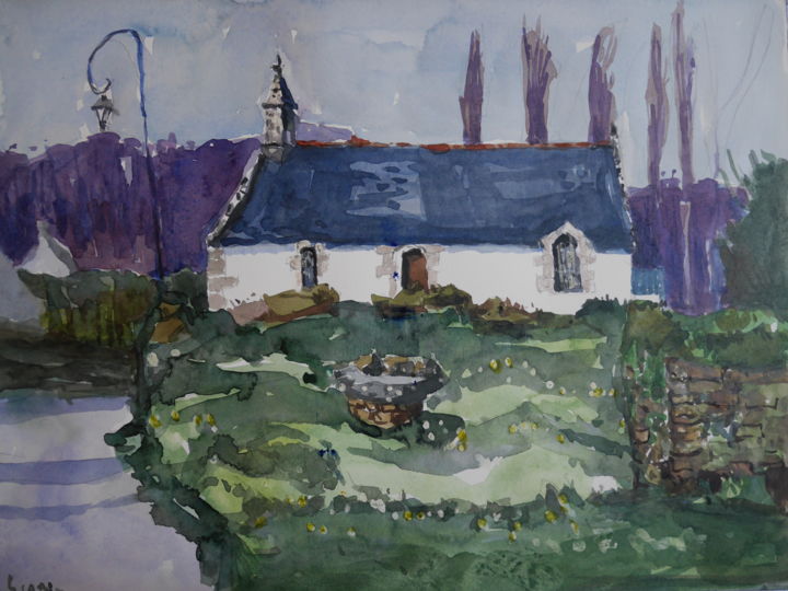 Painting titled "chapelle de trévide…" by Gildas Cadic, Original Artwork, Watercolor