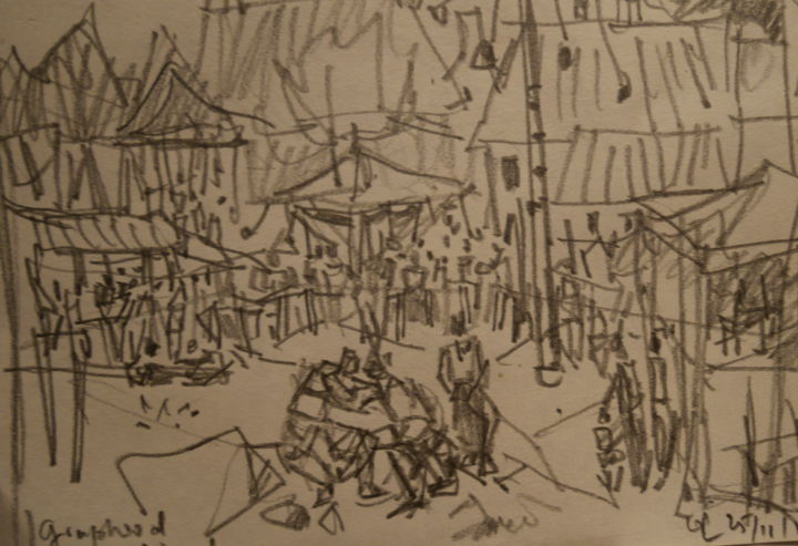Drawing titled "la fete au village" by Gildas Cadic, Original Artwork, Conté