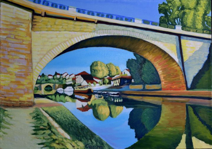 Schilderij getiteld "Pont de Nérac" door Christophe Cadiot, Origineel Kunstwerk, Olie Gemonteerd op Frame voor houten branca…