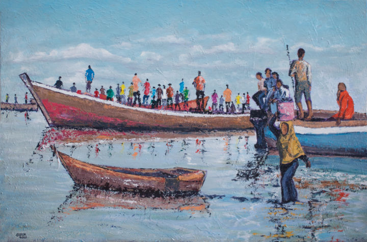 Peinture intitulée "local port,Beach,Ma…" par Othman Mussa, Œuvre d'art originale, Acrylique