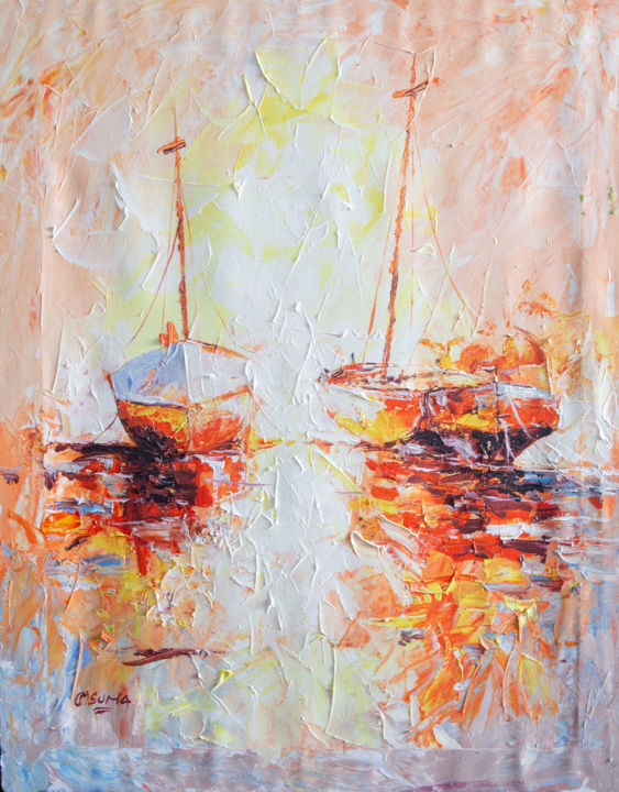Painting titled "Sun set dhow,Tropic…" by Othman Mussa, Original Artwork, Acrylic