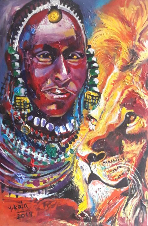 Painting titled "Masai Hunter,Masai…" by Othman Mussa, Original Artwork, Acrylic