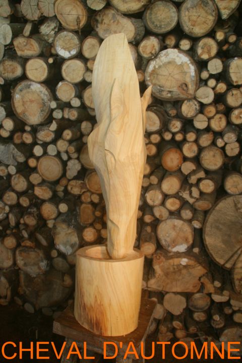 Skulptur mit dem Titel "CHEVAL D'AUTOMNE" von Caillavet Sculpteur, Original-Kunstwerk, Holz