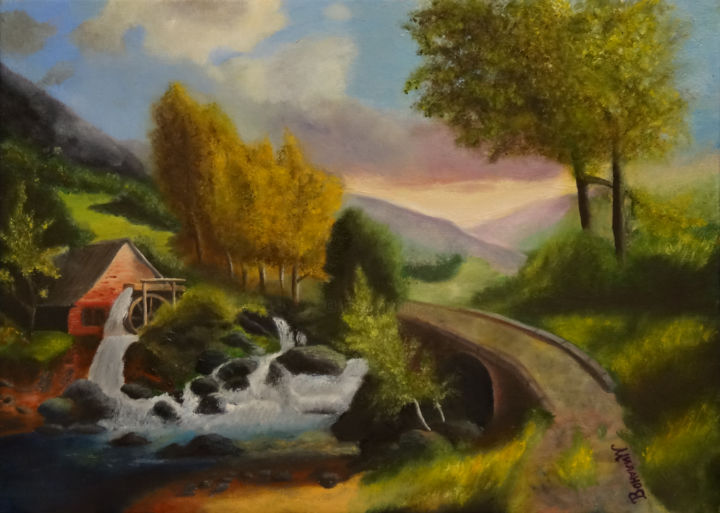 Painting titled "Water mill. Landsca…" by Yevgeny Milanov, Original Artwork, Oil