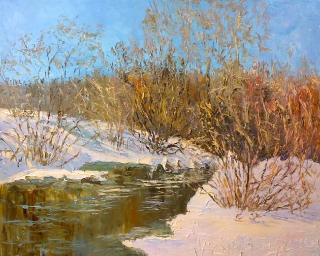 Картина под названием "зимний этюд" - Дмитрий Калмыков, Подлинное произведение искусства, Масло