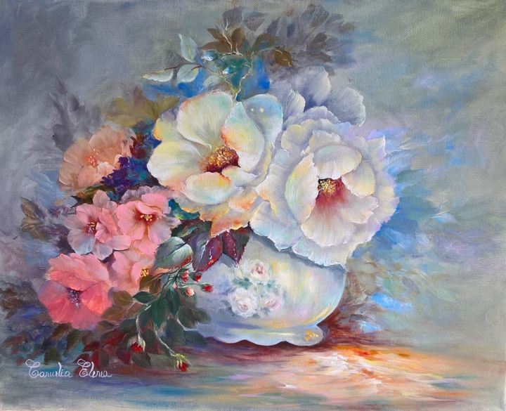 Malerei mit dem Titel "white poppies" von Elena, Original-Kunstwerk, Öl
