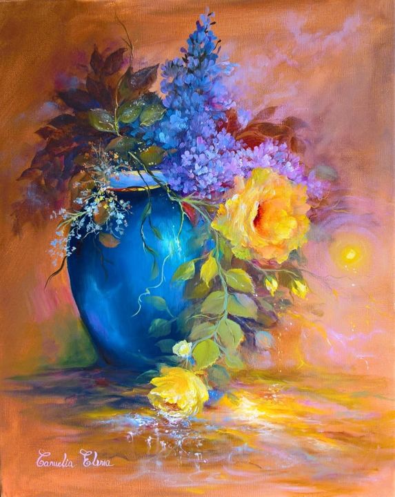 Pittura intitolato "lilac in blue vase" da Elena, Opera d'arte originale, Olio