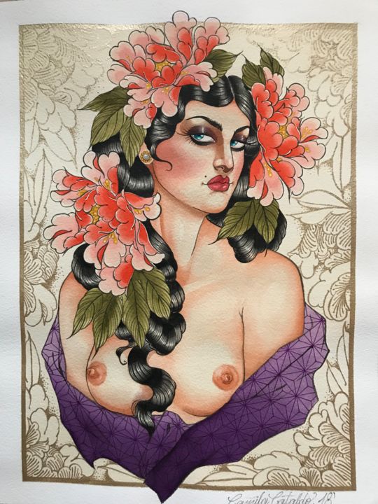 Painting titled "Reina de las Flores" by Camila Cataldo, Original Artwork, Ink