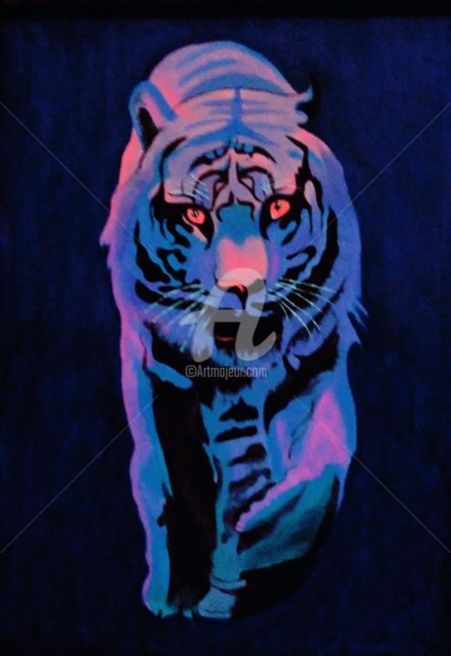 Peinture intitulée "tigre neon" par Camila Cardoso, Œuvre d'art originale, Acrylique Monté sur Panneau de bois