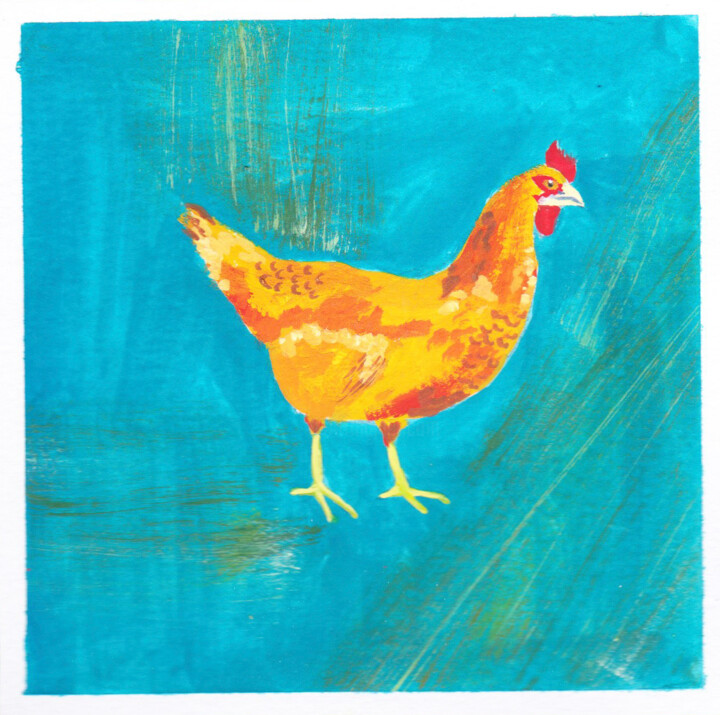 Painting titled "Poule" by Cmh, Original Artwork, Gouache Mounted on Wood Panel