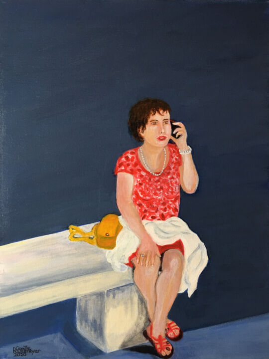 Painting titled "Au téléphone" by Camille Rouschmeyer, Original Artwork, Acrylic Mounted on Cardboard