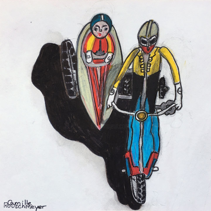 Disegno intitolato "Motards mécaniques" da Camille Rouschmeyer, Opera d'arte originale, Pennarello