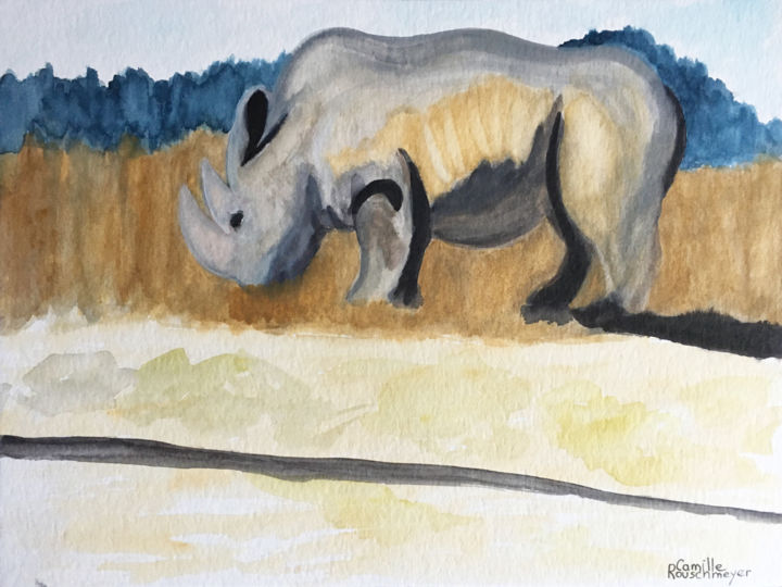 Malerei mit dem Titel "Rhinocéros" von Camille Rouschmeyer, Original-Kunstwerk, Aquarell
