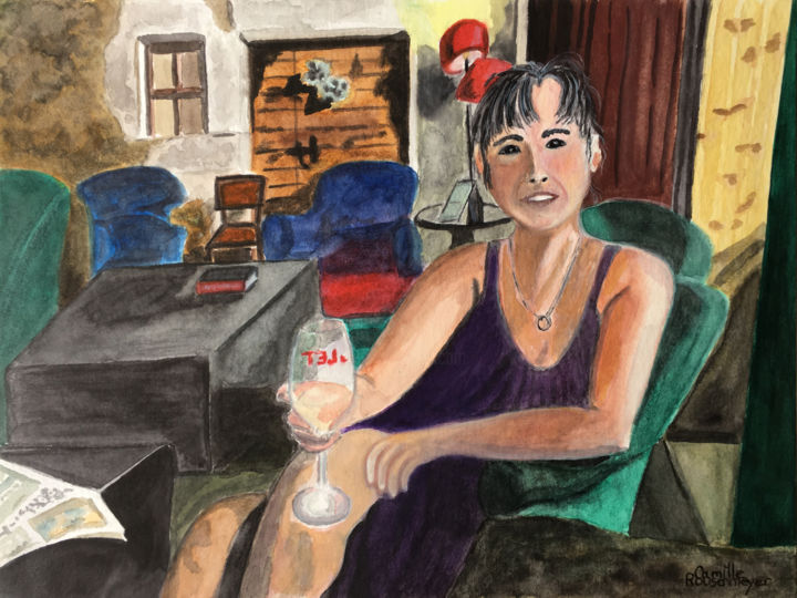 Painting titled "Pause détente" by Camille Rouschmeyer, Original Artwork, Watercolor