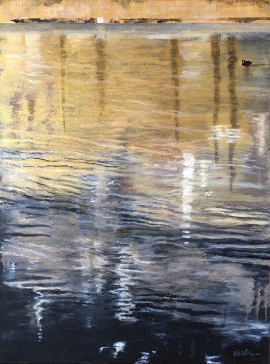 Painting titled "Reflets d'or sur le…" by Camille Rouschmeyer, Original Artwork, Acrylic Mounted on Wood Stretcher frame