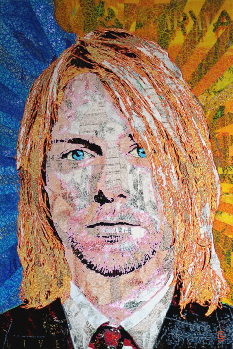 Painting titled "Kurt Cobain" by Camille Sohier, Original Artwork, Digital Collage Mounted on Wood Stretcher frame