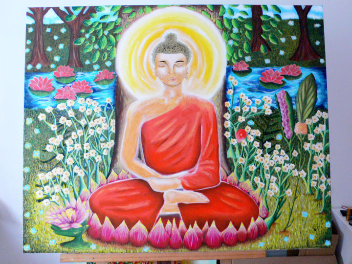 Malerei mit dem Titel "Bouddha" von Padma Hiroko, Original-Kunstwerk, Öl