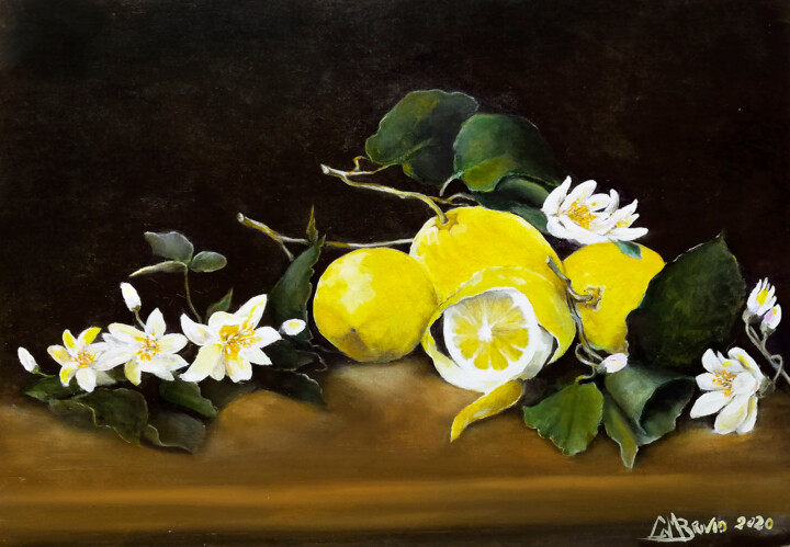 Painting titled "ZAGARE E LIMONI" by Cam Brivio, Original Artwork, Oil Mounted on Wood Panel