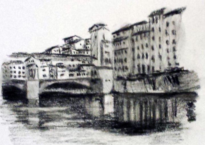Desenho intitulada "Ponte Vecchio" por Camilo Flores, Obras de arte originais, Carvão