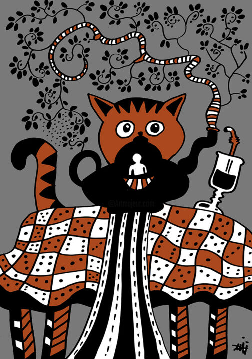 Zeichnungen mit dem Titel "Tea time for a cat…" von Patrice Camparmo, Original-Kunstwerk, Marker