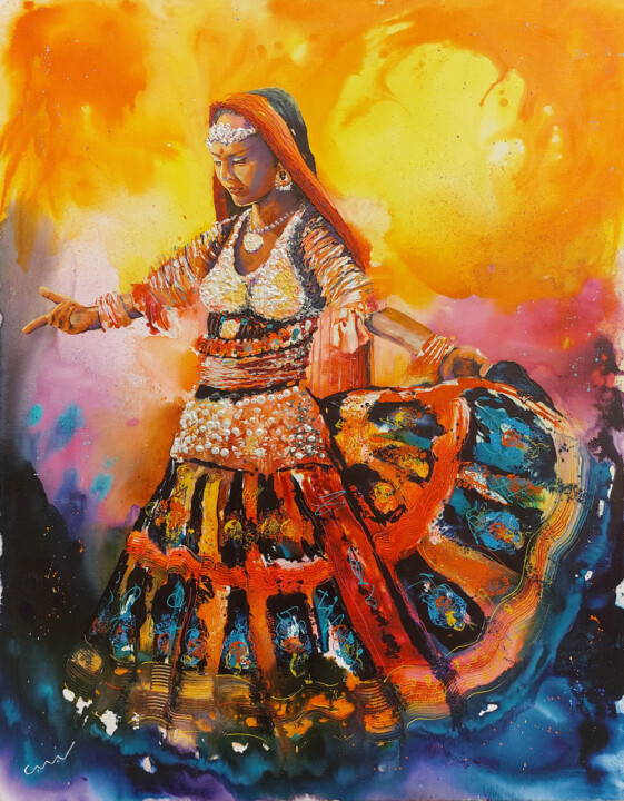 Painting titled "Danseuse du Rajasth…" by Jean-Michel Canal, Original Artwork, Acrylic Mounted on Wood Stretcher frame