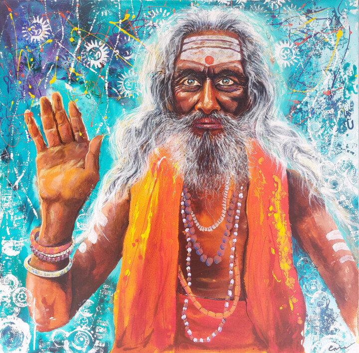 Painting titled "SALUT DU SADHU A VA…" by Jean-Michel Canal, Original Artwork, Acrylic Mounted on Wood Stretcher frame