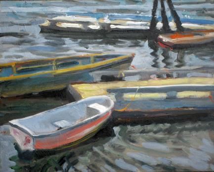 Painting titled "Three boats" by Candy Barr, Original Artwork, Oil