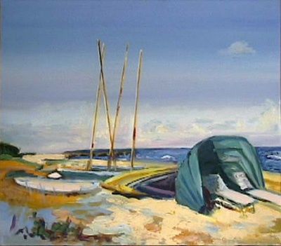 Pintura titulada "Beached Sailboats" por Candy Barr, Obra de arte original, Oleo