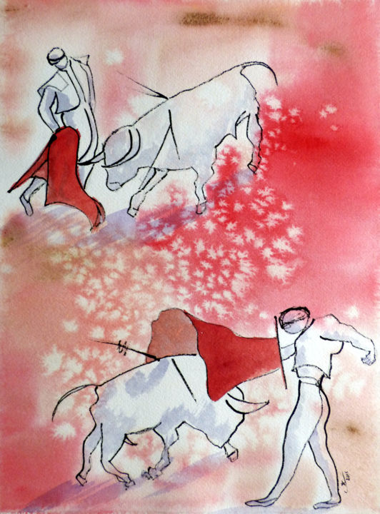 Painting titled "tauromachie 1" by Nonna, Original Artwork, Watercolor